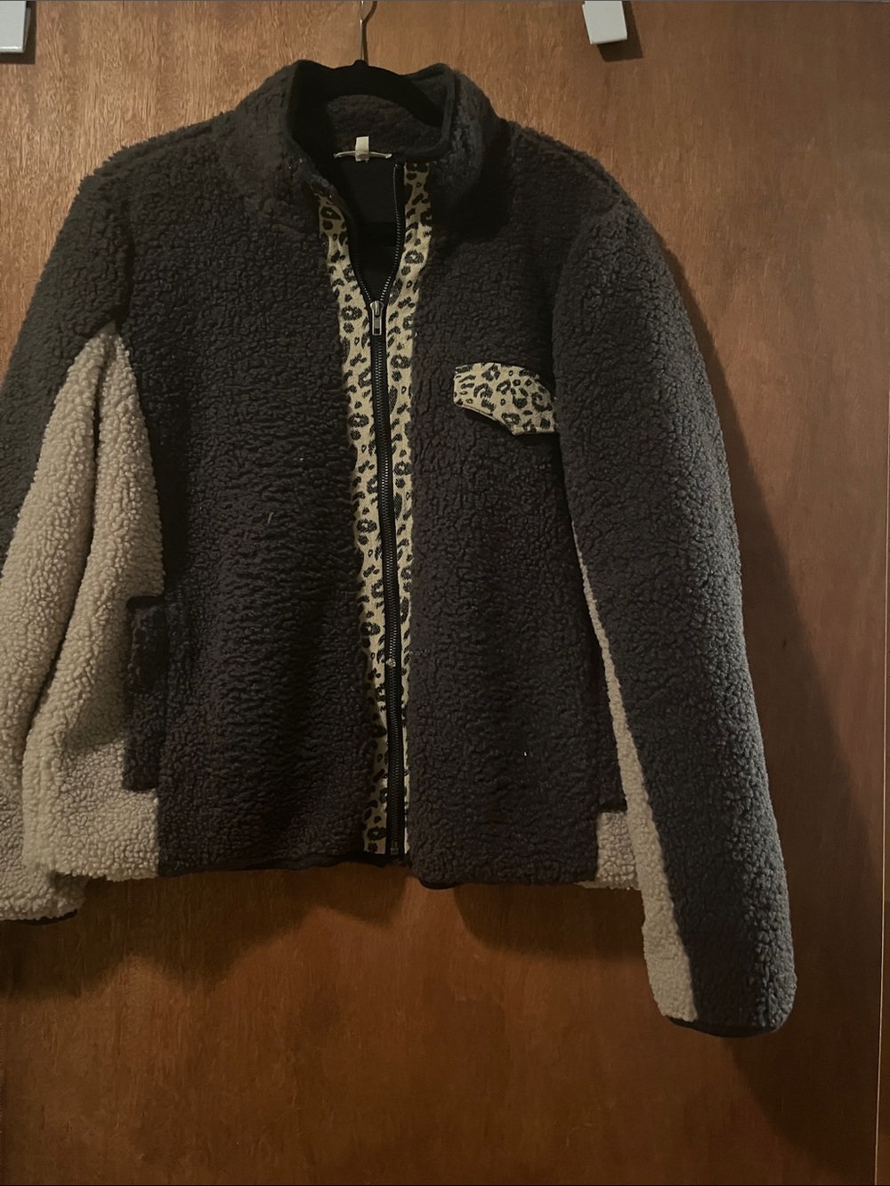 Mystree Two-Tone Black and Cream Teddy Jacket with Leopard Trim